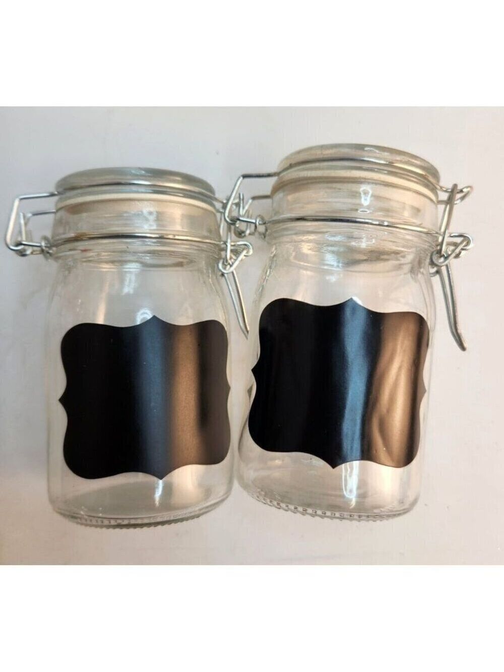 Set Of 2 Glass Chalkboard Label Jars Hinged Lids Metal Clamps